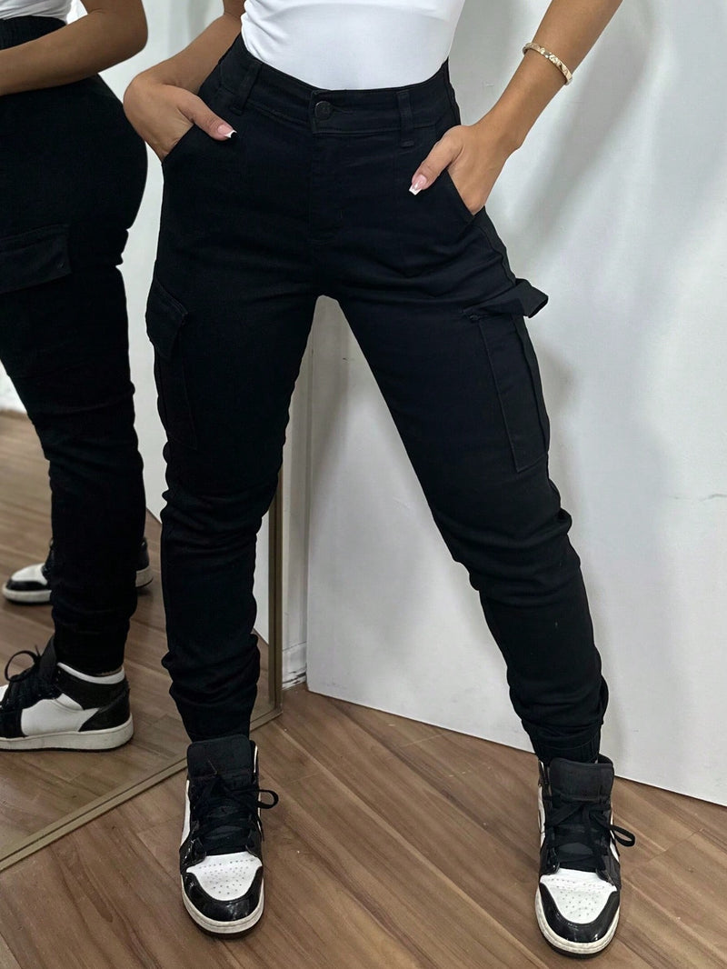 Stillger Moda Jeans Calça Cargo Jeans Feminina Jogger Cintura Alta Levanta Bumbum Com Lycra Bolsos Laterais