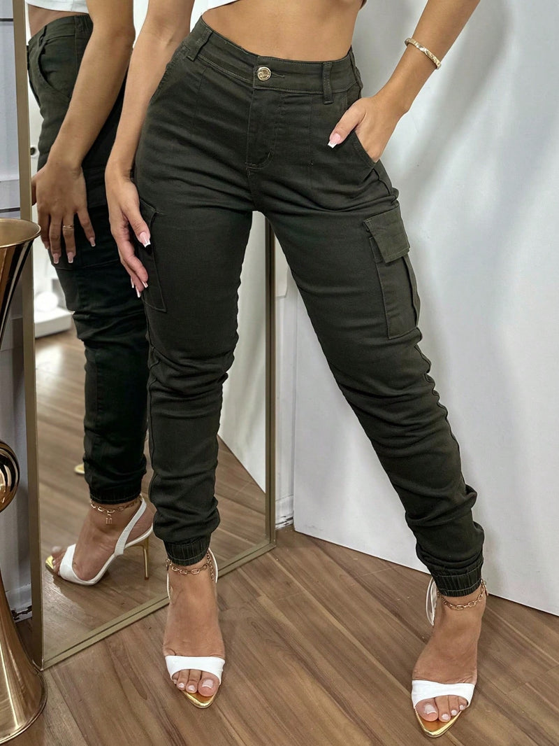 Stillger Moda Jeans Calça Cargo Jeans Feminina Jogger Cintura Alta Levanta Bumbum Com Lycra Bolsos Laterais