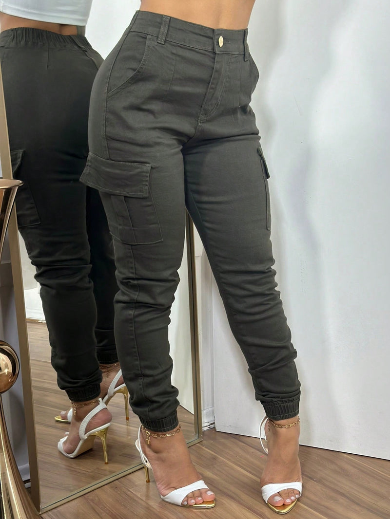 Stillger Moda Jeans Calça Cargo Jeans Feminina Jogger Cintura Alta Levanta Bumbum Com Lycra Bolsos Laterais