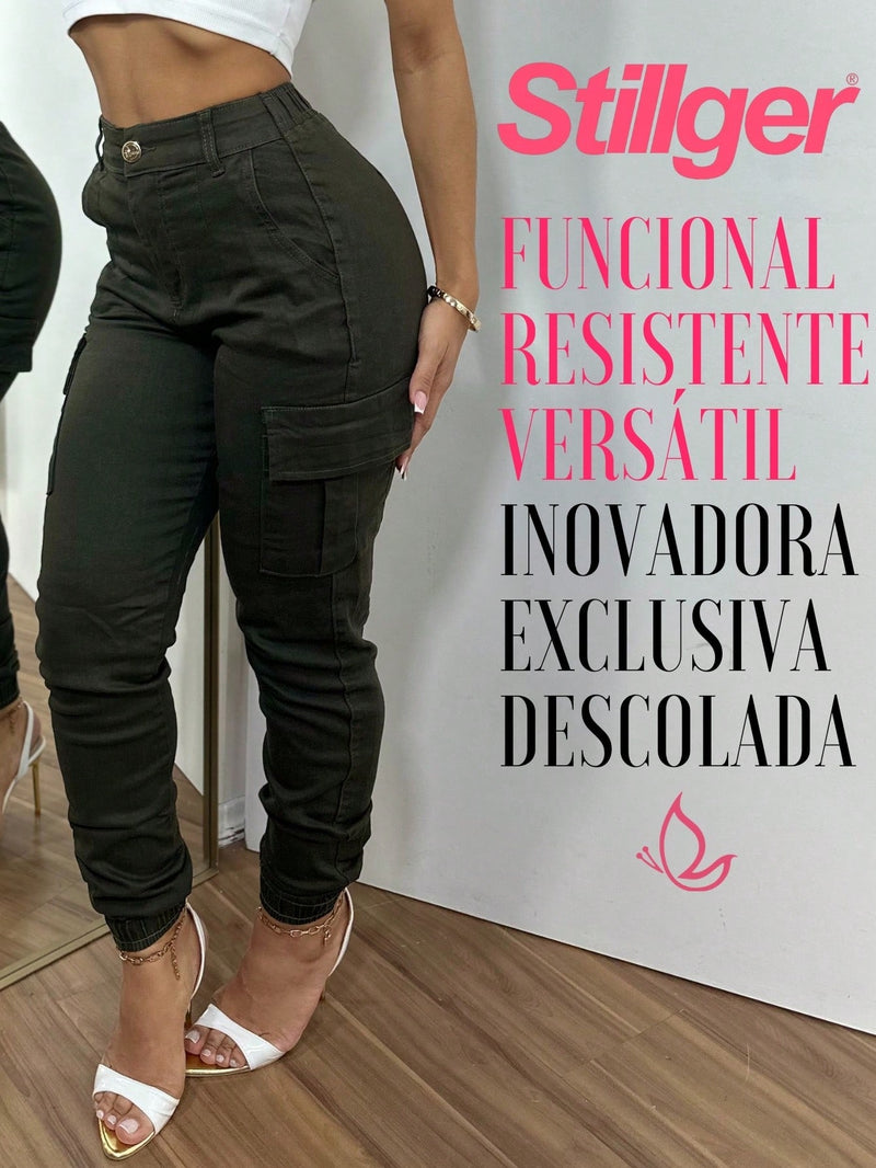 Stillger Moda Jeans Calça Cargo Jeans Feminina Jogger Cintura Alta Levanta Bumbum Com Lycra Bolsos Laterais
