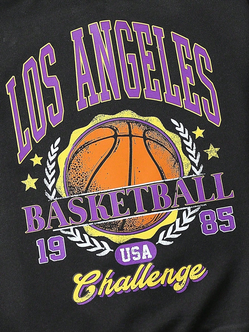 2 peças/conjunto Moletom com Capuz e Calça Esportiva com Estampa de Slogan de Basquete Casual para Meninos Jovens, Adequado para Primavera e Outono, para Esporte, Lazer, Uso Diário, Exterior, Escola