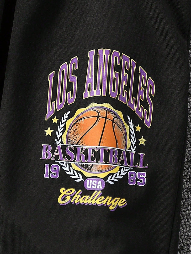 2 peças/conjunto Moletom com Capuz e Calça Esportiva com Estampa de Slogan de Basquete Casual para Meninos Jovens, Adequado para Primavera e Outono, para Esporte, Lazer, Uso Diário, Exterior, Escola