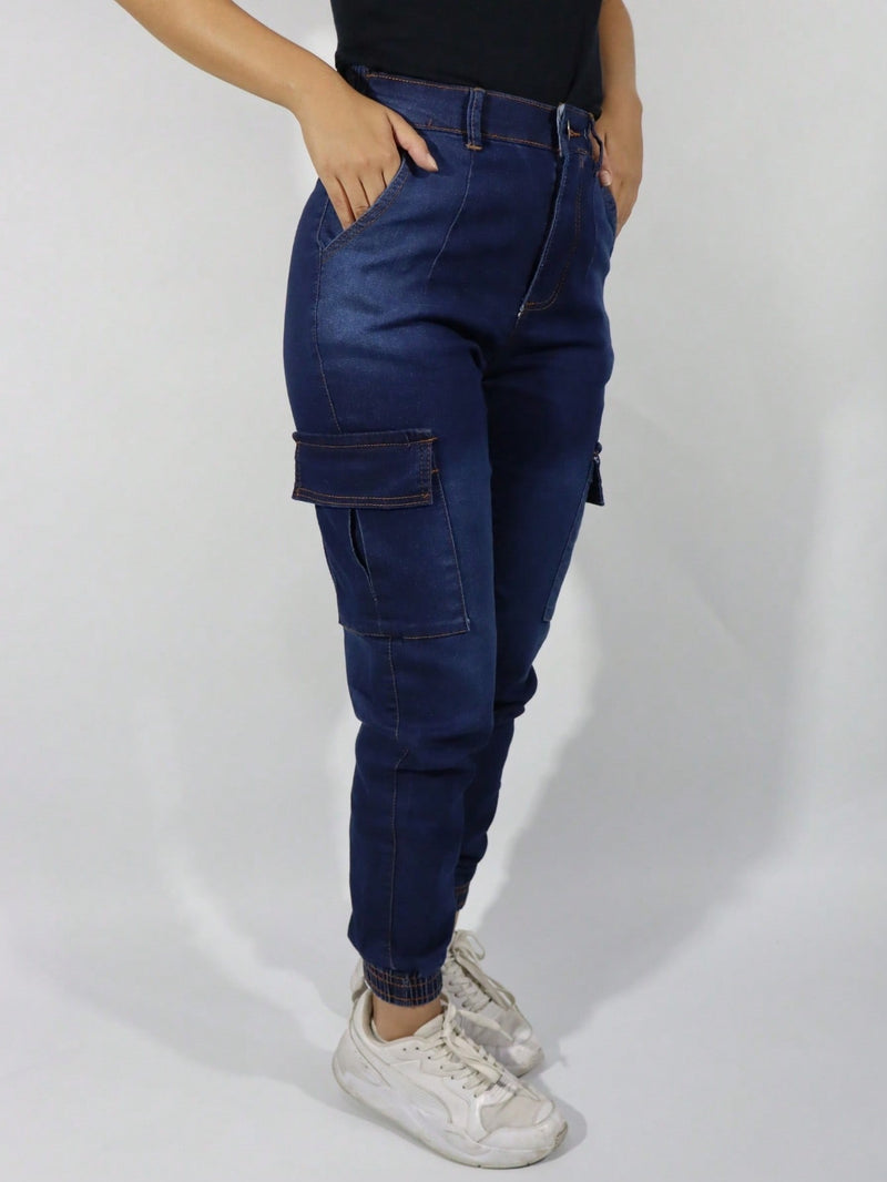 Stillger Moda Jeans Calça Cargo Jeans Feminina Jogger Cintura Alta Levanta Bumbum Com Lycra Bolsos Laterais