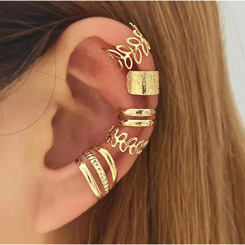 Conjunto de 5 brincos, elegante clipe de osso de orelha em forma de C com folha pequena e oca, sem furos para orelhas