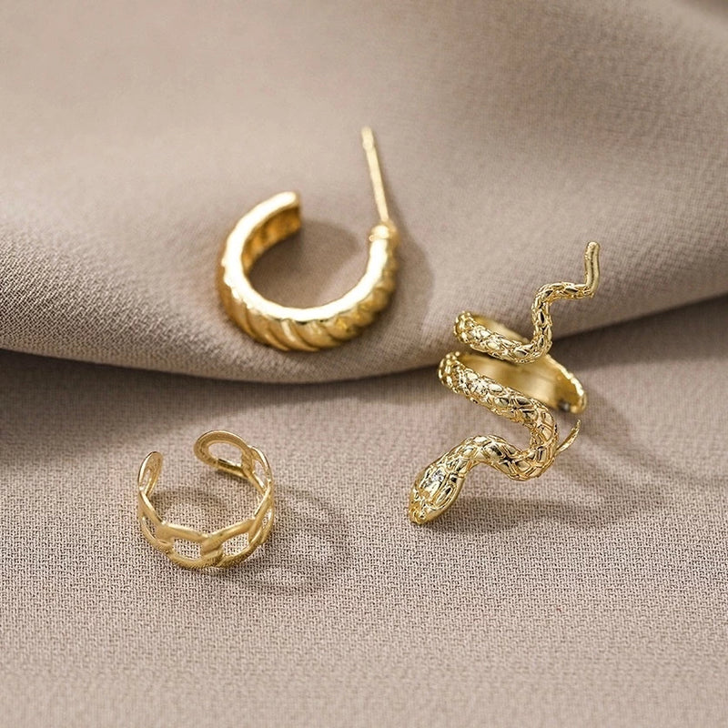 Conjunto de 5 brincos, elegante clipe de osso de orelha em forma de C com folha pequena e oca, sem furos para orelhas