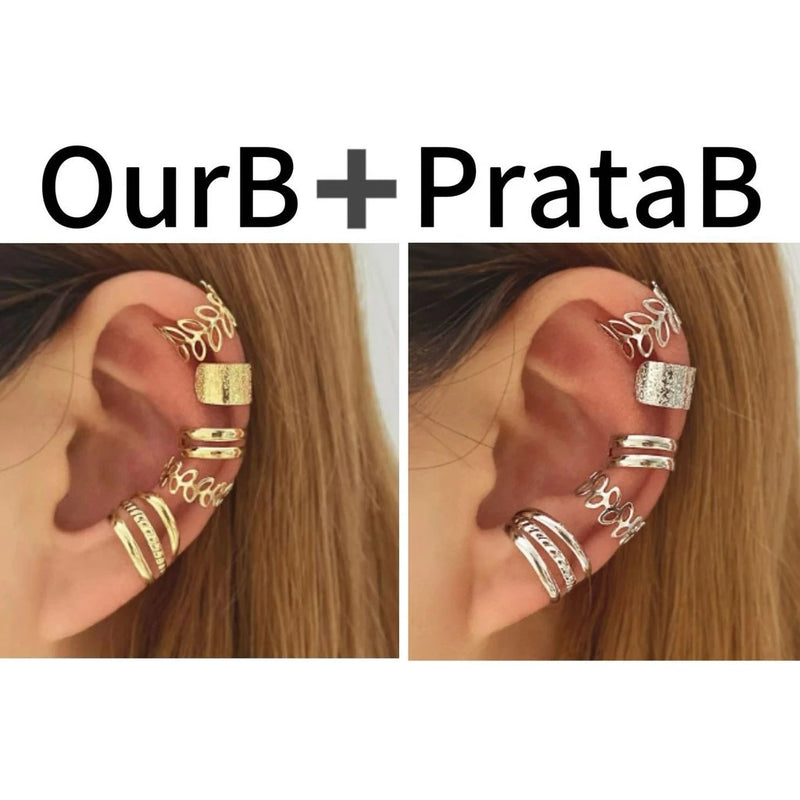 Conjunto de 5 brincos, elegante clipe de osso de orelha em forma de C com folha pequena e oca, sem furos para orelhas