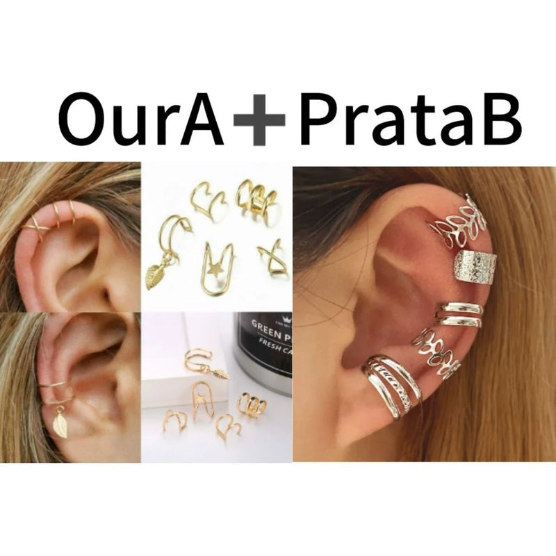 Conjunto de 5 brincos, elegante clipe de osso de orelha em forma de C com folha pequena e oca, sem furos para orelhas